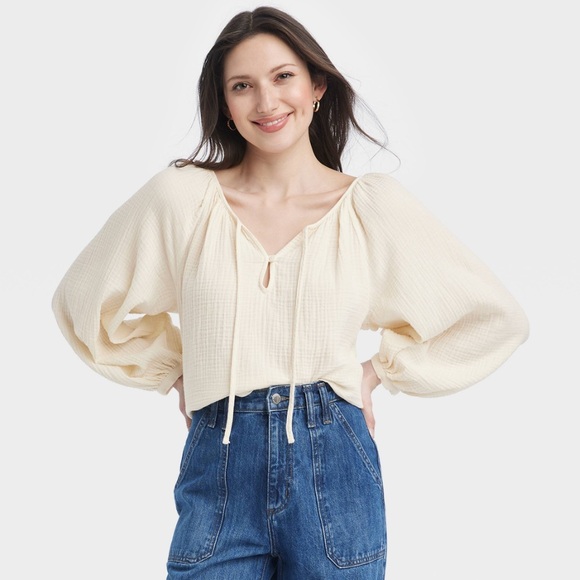 Universal Thread Cream Cotton Gauze Long Sleeve Blouse - Picture 1 of 7